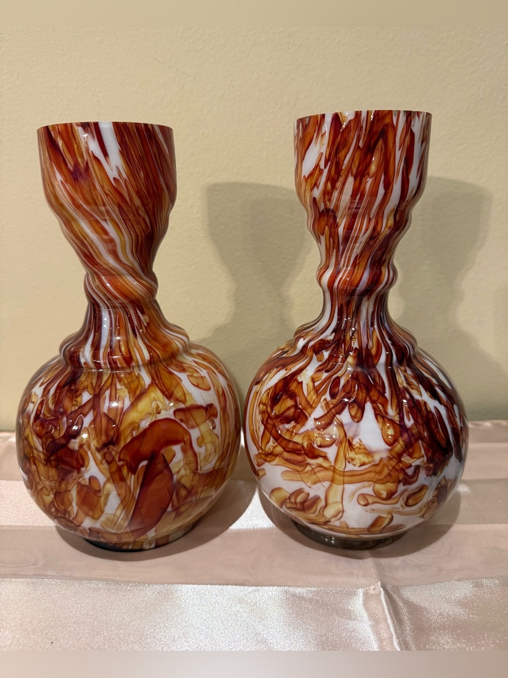 Heavy Pair Vintage Cased Slag Glass Vases -  Amber Marbled MCM